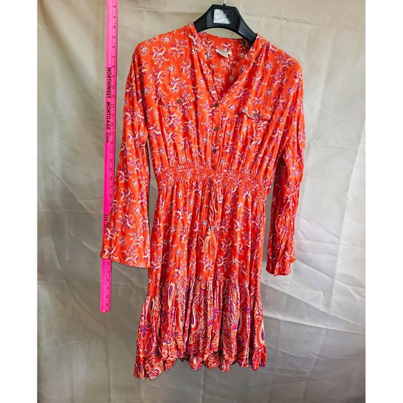 Xola P. Dresses & Skirts - Xola P. Orange Floral Shirt Dress Smocked Waist V-Neck Long Sleeve M